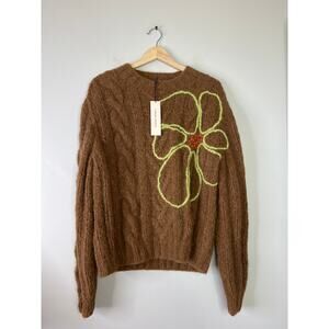 NWT Lingua Franca Flower Embroidered Long Sleeve Sweater Brown Size: M